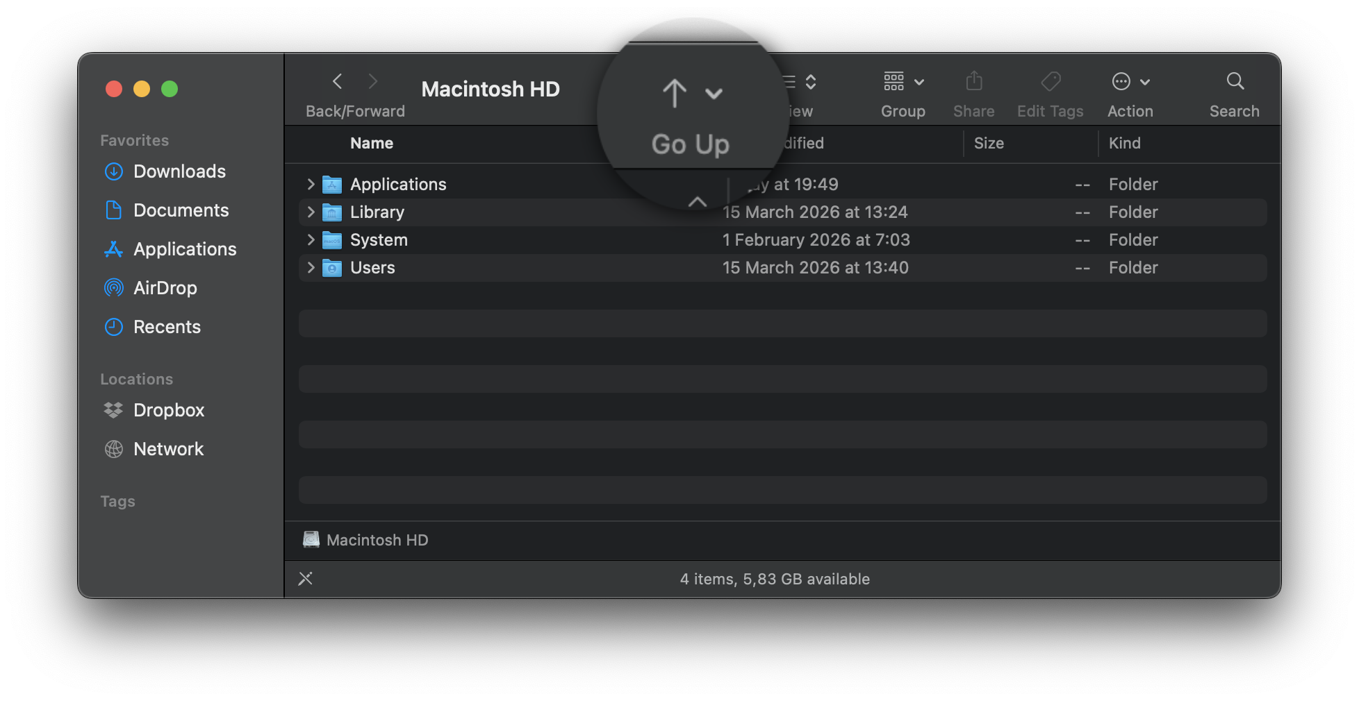 OneUp toolbar button in Finder